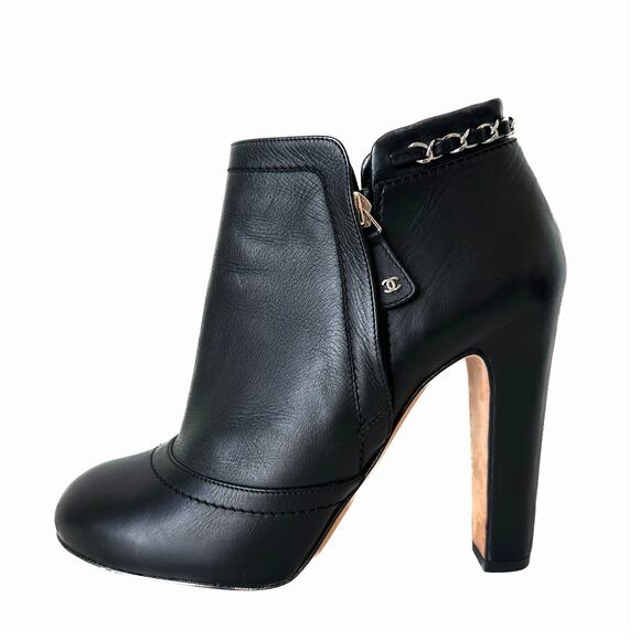 CHANEL Lambskin Leather Chain Ankle Heel Boots IT 39 - Picture 1 of 15